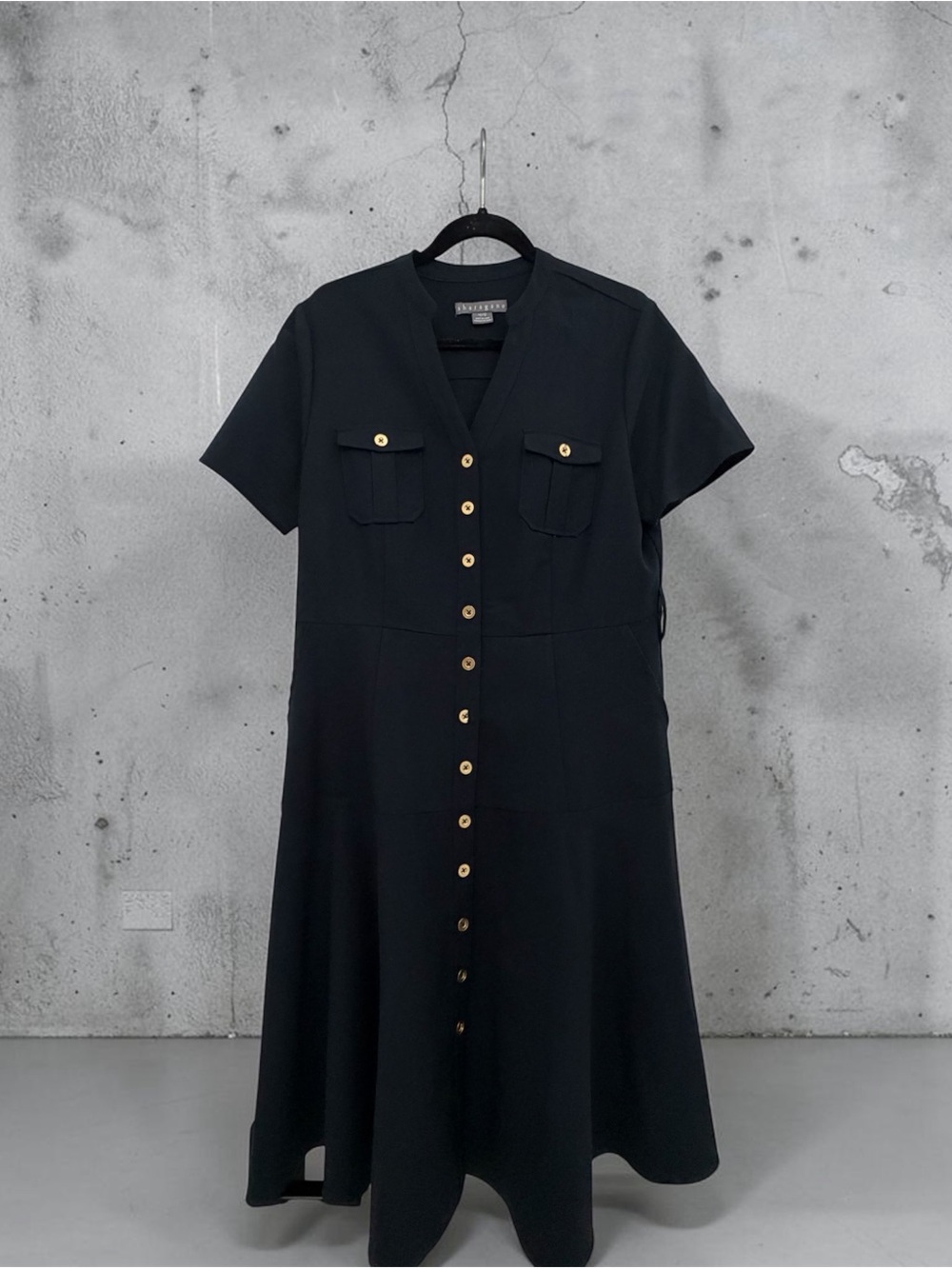 Navy Button-Front Short Sleeve Dress